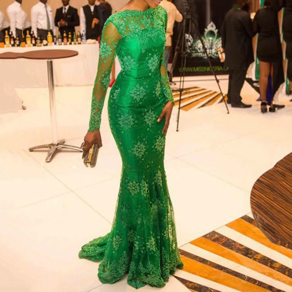 Mãe de sereia verde elegante da noiva vestidos de lace manga longa mulheres vestidos de noite formal vestido de convidado