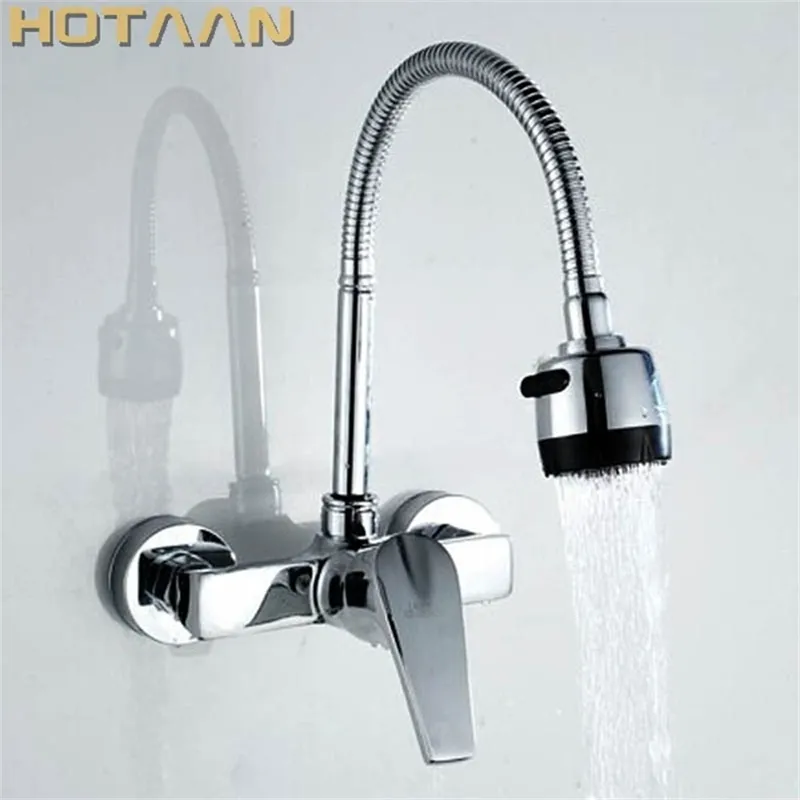 Mässing Chrome Kranar för kökshandfat Tap Dual Hole Wall Mixer Kranad Torneira Cozinha YT6030 211108