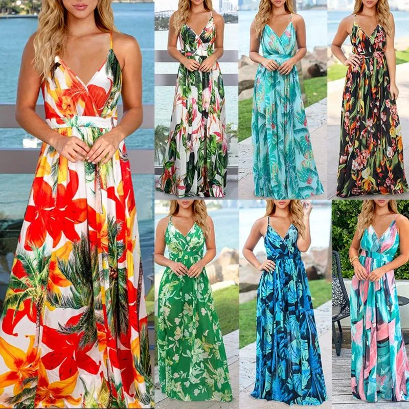 Casual Dresses 40GC Ladies Bohemian Floral Sling Dress V-Neck Flowy