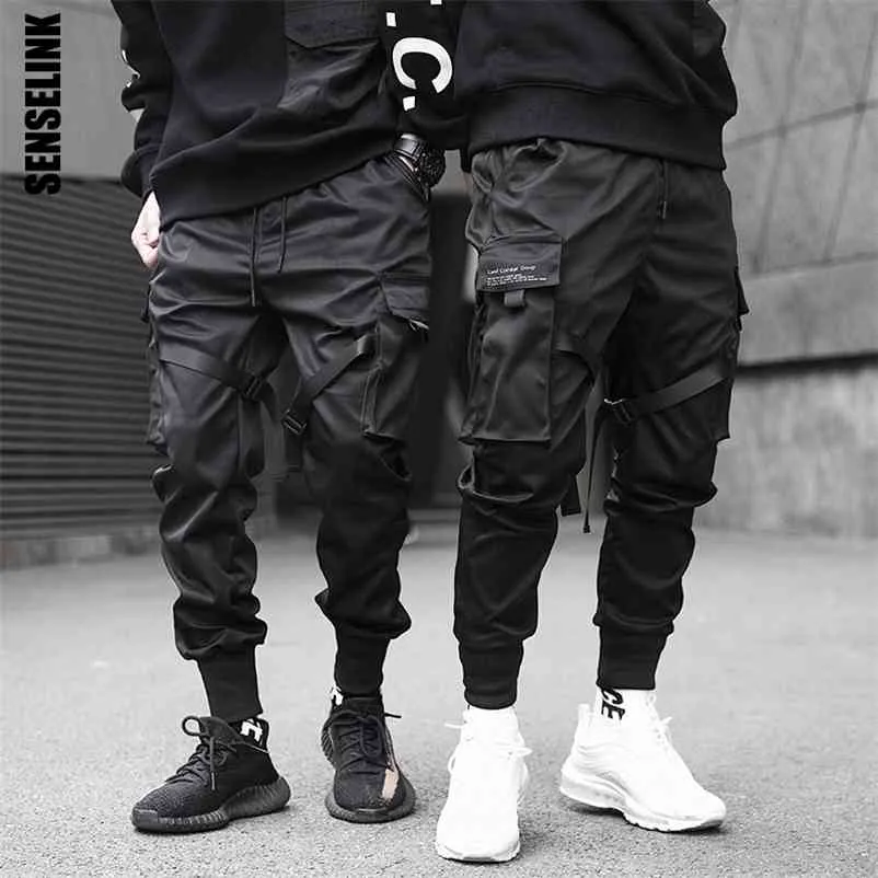 Män lastbyxor svart band harem joggare Casual bomull Streetwear hip hop fickor spår byxor hajuku mode byxor 210723