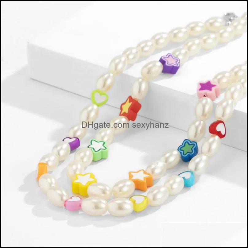 Yamog Heart Star Pearl Mixed Beaded Necklaces Women Acrylic Alloy Double Layer Beads Clavicle Chain For Female Vacation Beach Neck Jewelry Accessories