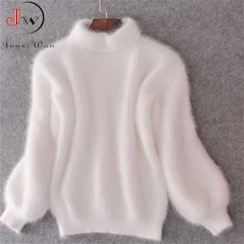 Mohair blanc épaissir pull à col roulé automne hiver doux mode lanterne manches décontracté couleur unie pull pull femme 211011