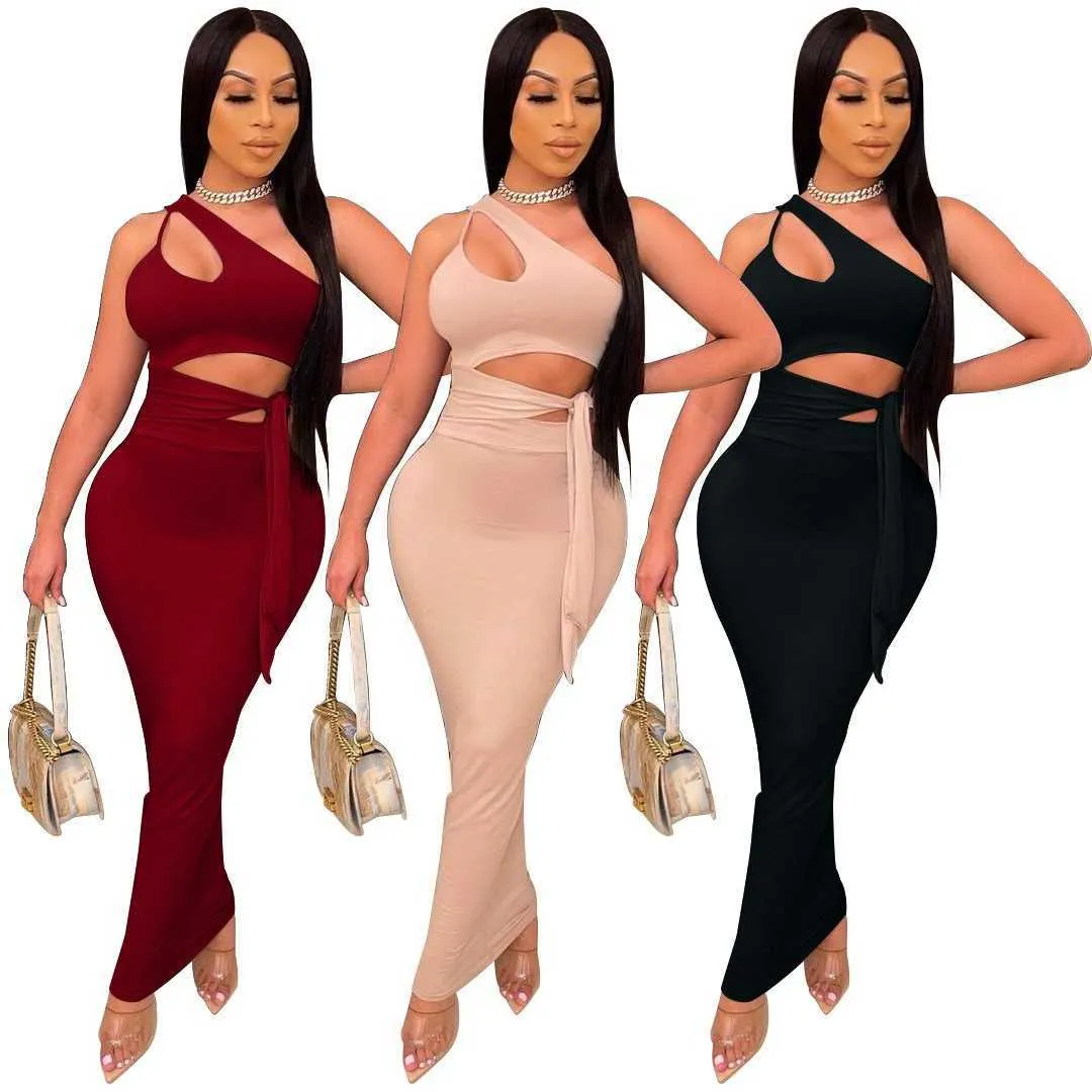 2021 One Shoulder Women Two 2 Piece Outfits Set Cut Out Crop Tops och Bodycon Midi Maxi Kjolar Matchande Sats Streetwear Clubwear X0709