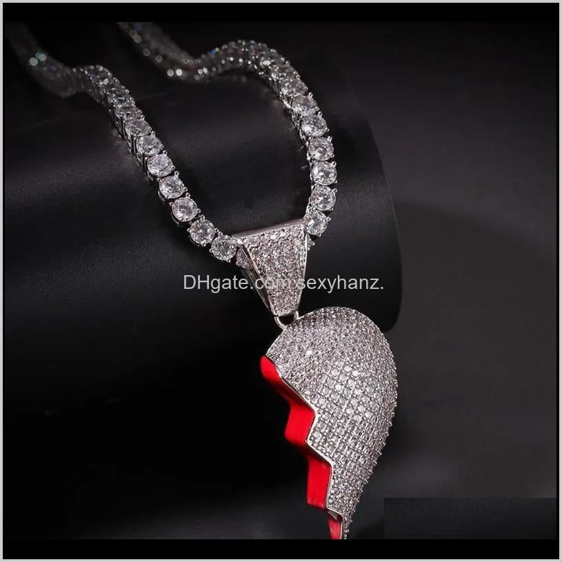 iced out broken heart pendant necklace for mens womens fashion hip hop jewelry lover necklaces 1 pair