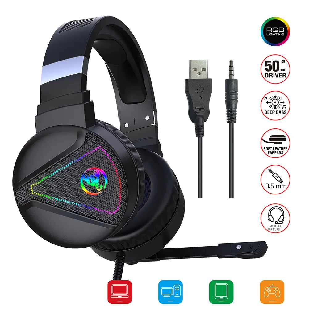 RGB Wired Computer Headset Surround Sound Gaming Headphones