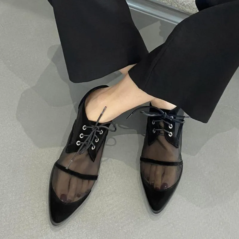 Femmes bout pointu maille sandales décontracté à lacets chaussures plates d'été chaussures respirantes OL talon bas grande taille noir 2021