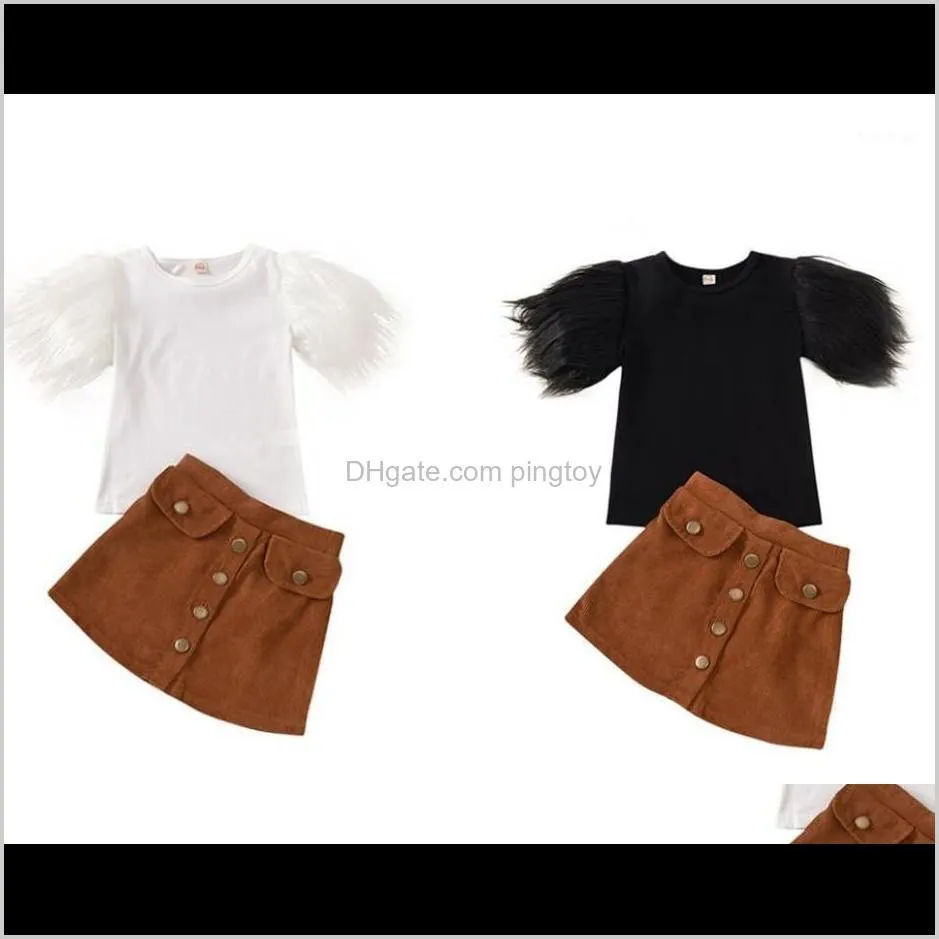 fashion toddler kid girls outfits feather sleeve round neck t shirt tops brown buttons skirt girls clothes sets1