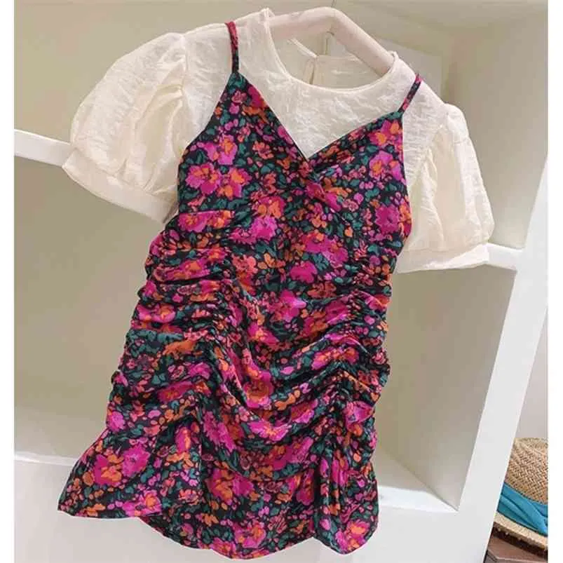 여름 여자의 옷은 주름이 달린 꽃 무늬 슬링 드레스 + 내부 짧은 소매 패션 귀여운 어린이 아기 아이 의류 세트 210625