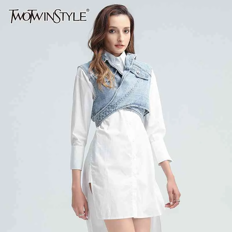 Patchwork Denim Płaszcz Dla Kobiet Lapel Bez Rękawów Wysoka Talia Krzyż Koronki Up Hollow Out Blue Coats Odzież Kobieta 210524