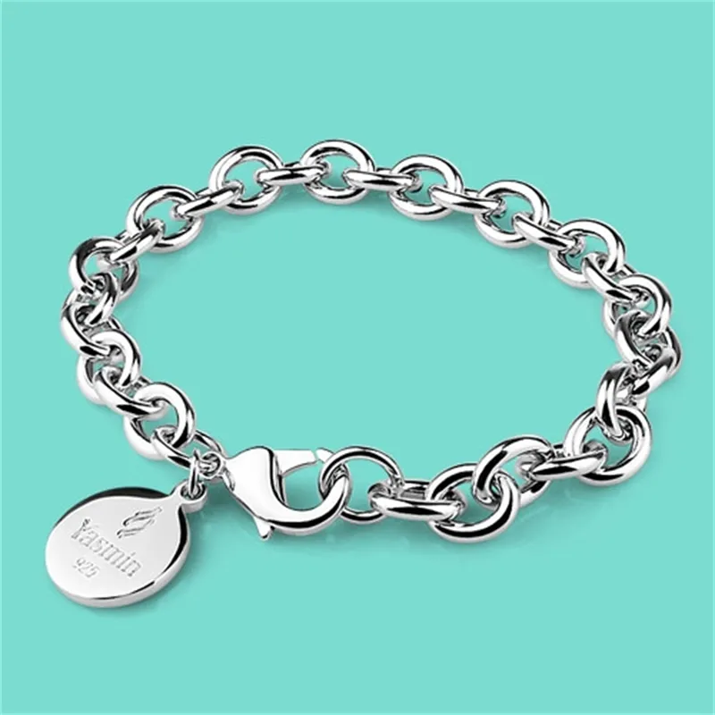 Klasyczna bransoletka 925 Sterling Okrągły wisiorek Solid Silver Rolo Łańcuch Minimalistyczny Biżuteria Prezent Pulseira