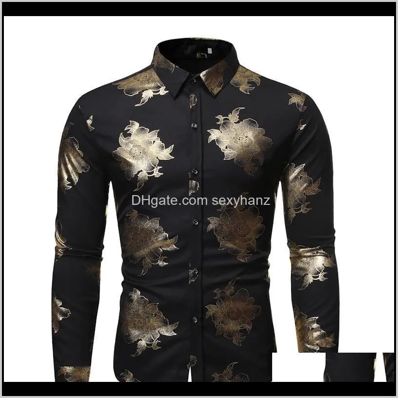 fashion pink floral foil print shirt men 2020 slim long sleeve mens dress shirts party stage prom