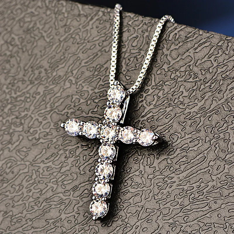 100% 925 Silver Cross Crystal Colgantes Collar 5A Zirconia Collares Amante Gargantilla Regalo de Joyería para Mujeres Chica DZ005