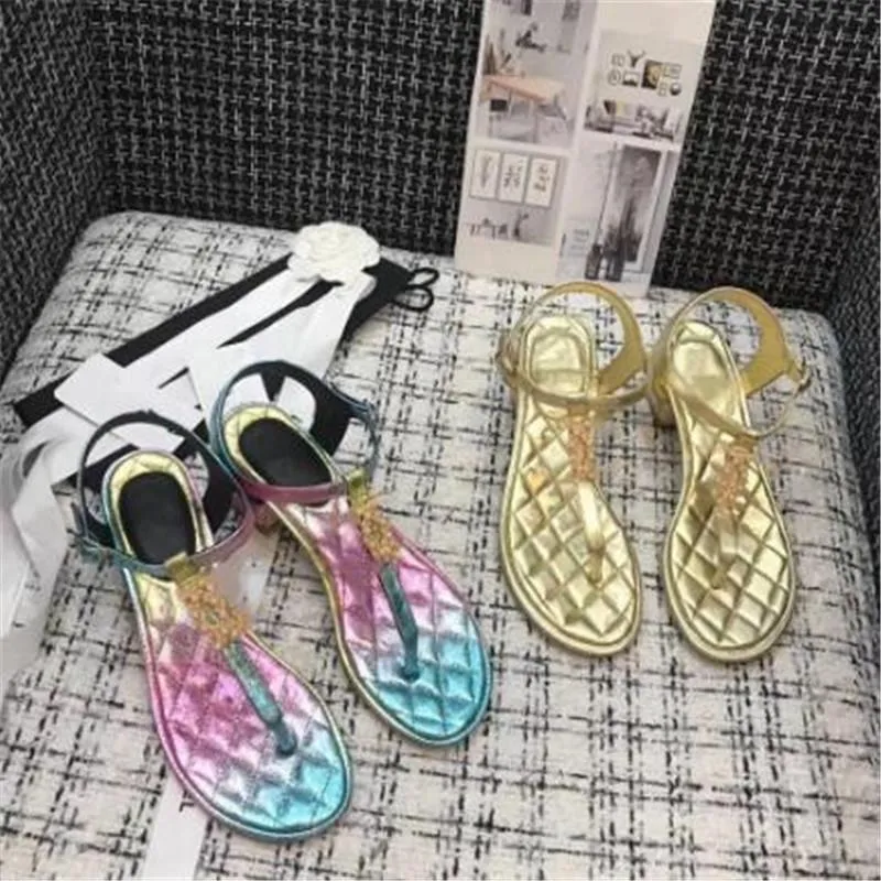 Guldfärgglada sandaler Zapatos Mujer Eleganta damskor Låg häl Kvinnor Öppen Toe Summer Sandal