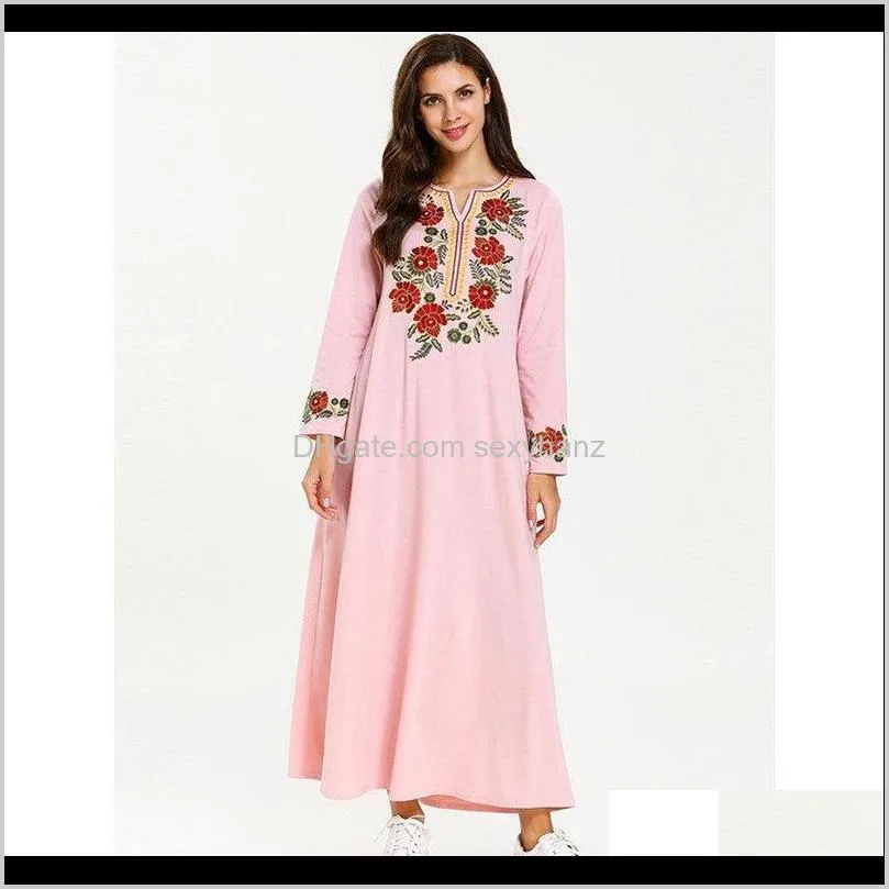 abaya muslim dress islam clothing women embroidery cotton v-neck printed long sleeve islamic kaftan arab dress 1efw#