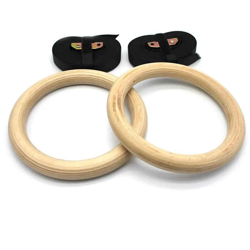 Wood Gymnastic Rings 28mm Gym With Adjustable Long Buckles Straps For Workout Home Cross Fitness BHD2 Accessories