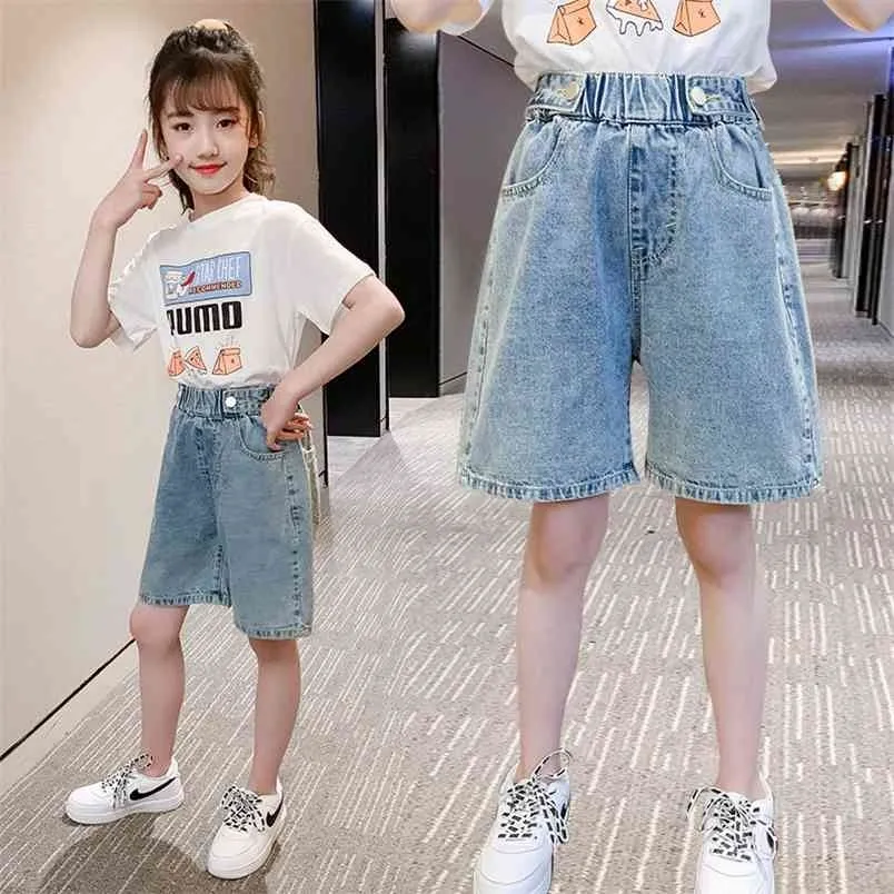 Sommar mode shorts knä längd 4 6 8 10 12 13 år byxor barn korta jeans barn flickor breda ben byxor 210723