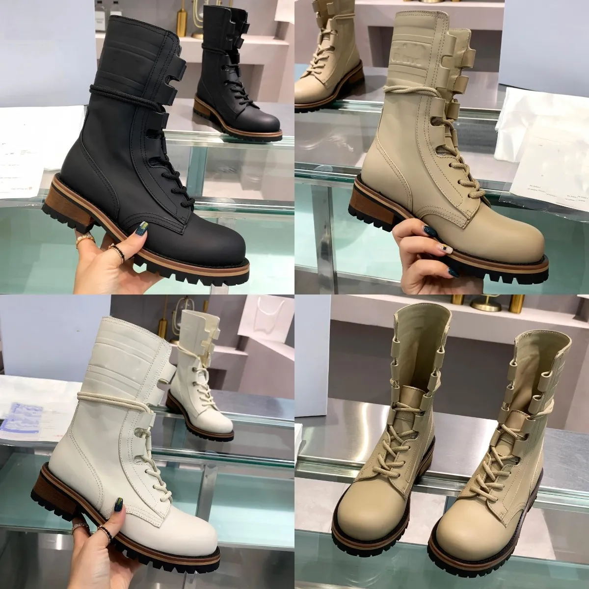 Brand Womens Boots Designer Genuine Leather Red Beige Canvas Over The