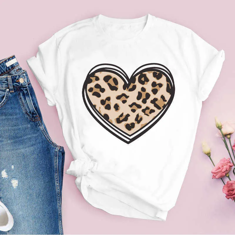 Donna Stampa anni '90 Leopard Love Girl Fashion Cartoon Casual Summer Lady Top T-Shirt Camicia Donna Abbigliamento Tees Maglietta femminile X0527