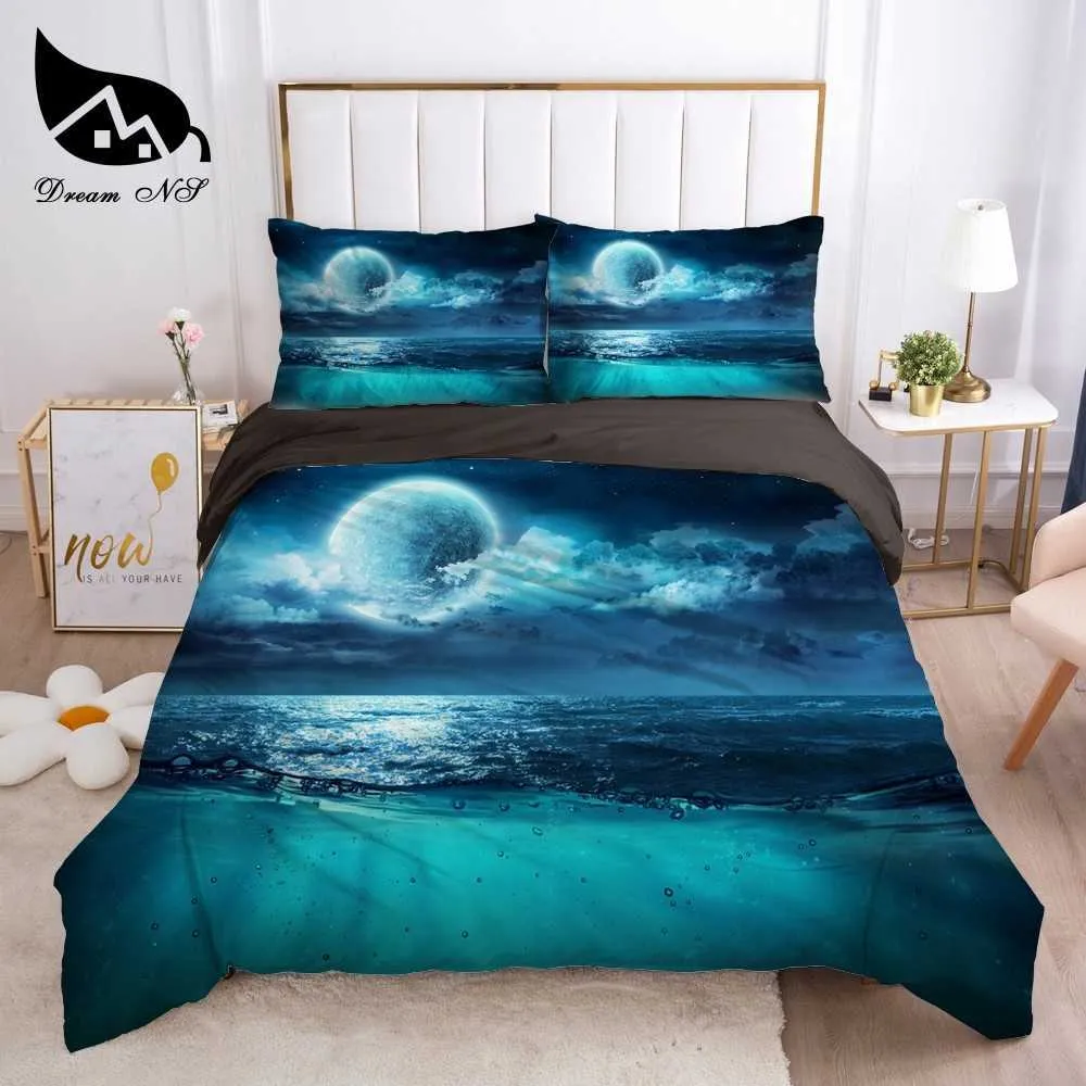 Dream NS Noc Widok na Morze Moonlight Art Pościel Home Tekstylia Zestaw Królowa Queen Bedclothes Duvet Pokrywa Pościel Zestaw Pościel 210706