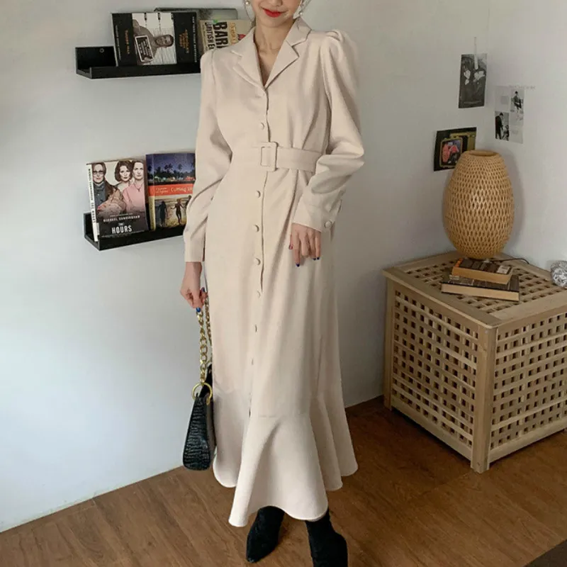 Kvinnor sjöjungfrun klänning vår höst mode kvinnlig långärmad vintage solid verktyg wrap casual vestido med bälte 210423