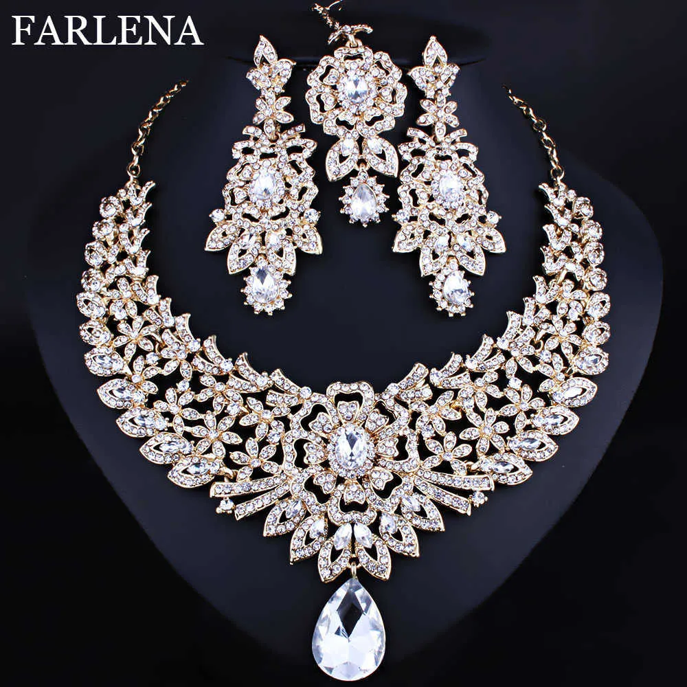 FARLENA, collar de novia indio clásico, pendientes y Frontlet, conjunto de joyería de diamantes de imitación de cristal para boda nupcial de lujo, conjuntos H1022