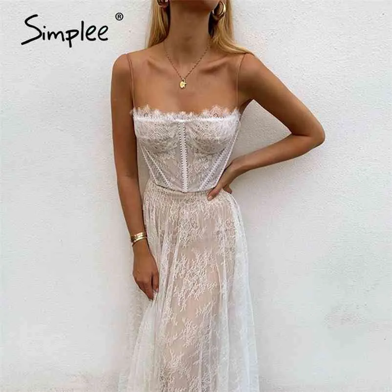Simplee Sexy dentelle blanche été femmes maxi robes plage spaghetti sangle dos nu grande taille robe maille femme longue robe vestidos 210331