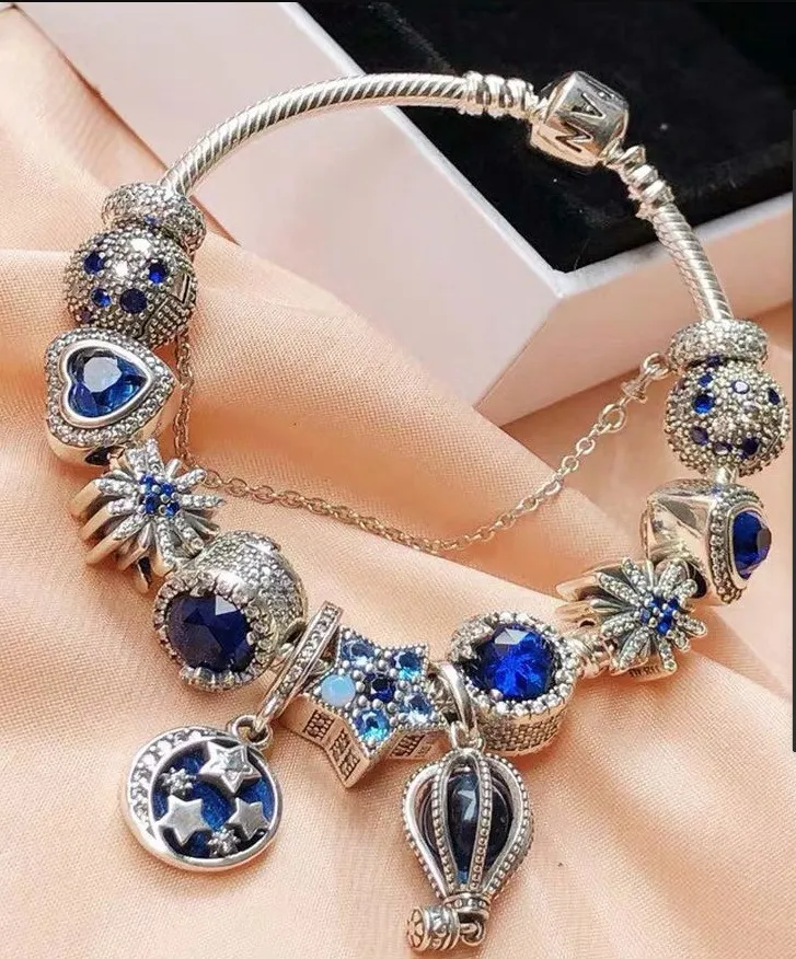 925 Sterling Silver Blue Bead Fit European Bracelets for Women Wing Feather Moon Stars Balloon Crystal Beads Snake Chain Fashion Jewelry