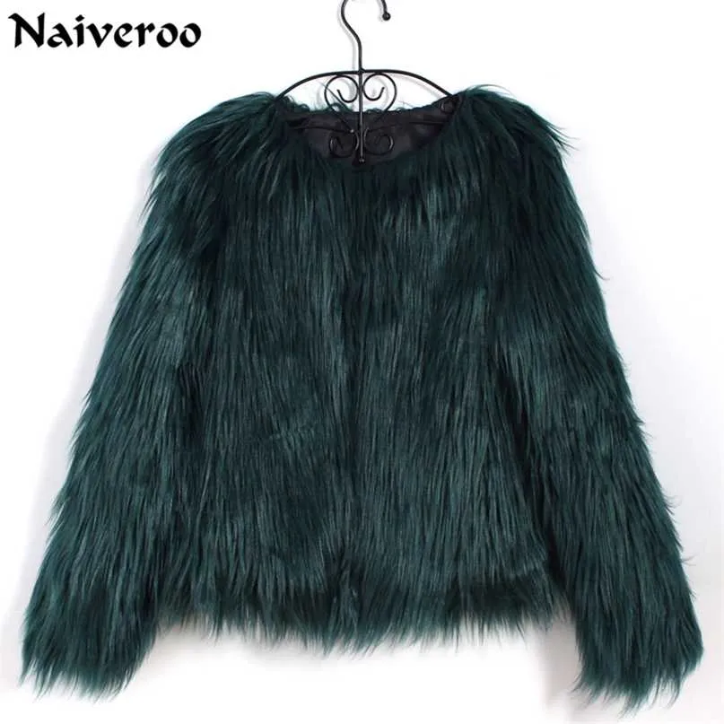 Faroonee Elegant Furry Fur Coat Women Fluffy Warm Long Sleeve Female Outerwear Autumn Winter Jacket Hairy Overcoat 3XL 211220