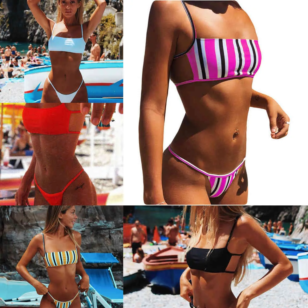 2019 Sexy Bandeau Bikinis Women Thong Swimsuits Solid Swimwear Female Bikini set Striped Black Brazilian Biquini Bathing SuitX0523