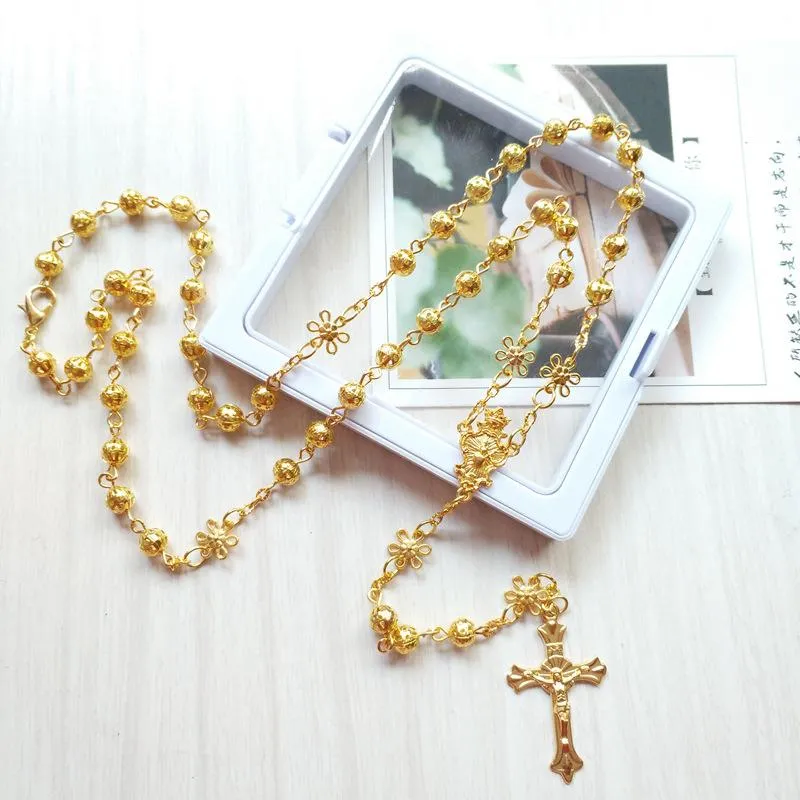 Pendant Necklaces Religious Gold Rosary Necklace Flower Hollow Prayer Beads Chain Catholic Crucifix Cross Church Baptism Jewelry H223j