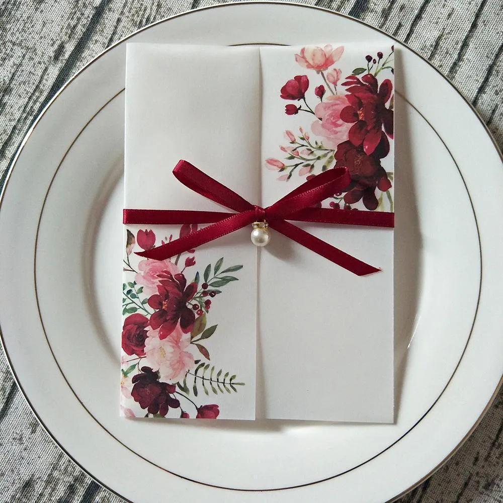 Invitaciones De Boda De Borgoña, Envoltura De Vitela Translúcida  Personalizada Con Cinta De Imitación Y Sobre Perla, Invitación De Boda  Floral De Bricolaje Para Quinceanera De 1,57 € | DHgate, image size:1000x1000