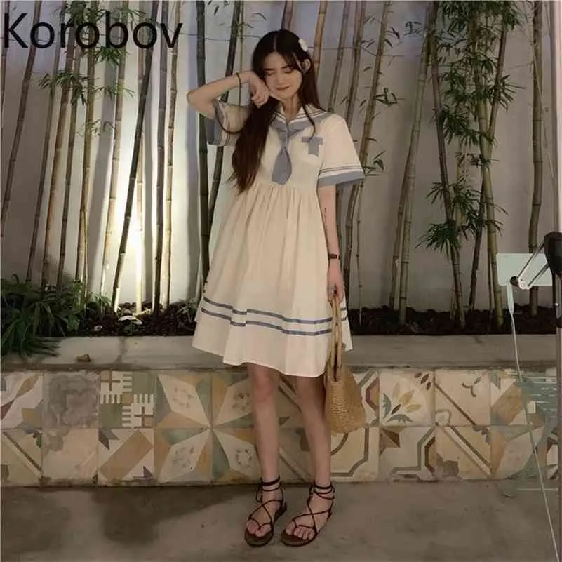 Korobov Korean Chic Retro A Line Dress High Wasit Hip Short Sleeve Vestido Contrast Color Patchwork Slim Ropa Mujer 210430