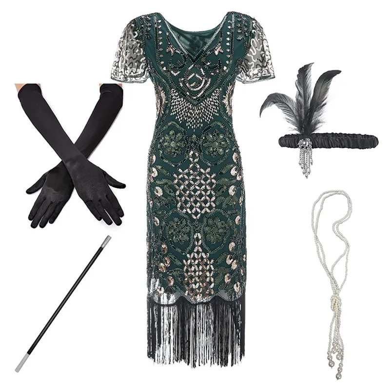 1920S Flapper Roaring Plus Size 20s Grande Gatsby Fringed Sequin Frisado Vestido e Embelezed Art Deco Vestido Acessórios XXXL 210331