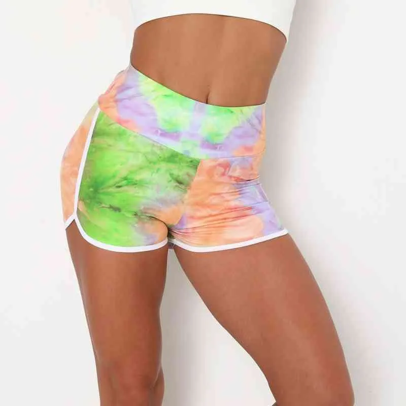 Mode Tie-Dye Gym Yoga Shorts Kvinnor Sommar Hög Waist Workout Skriv ut Pantalones De Mujer Hög Elasticitet Sportbyxor Kvinna 210514