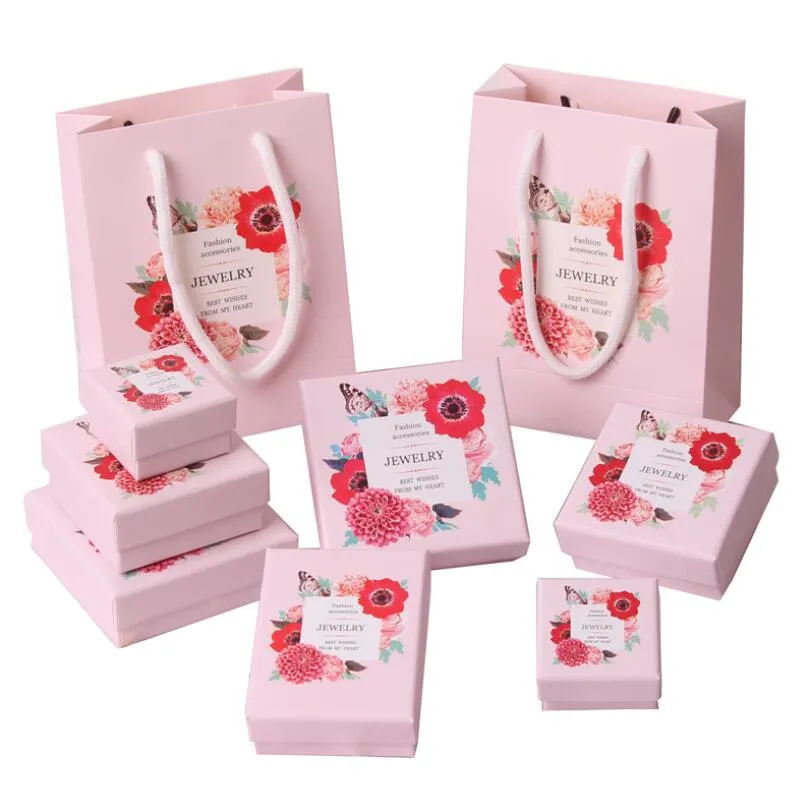 Floral Print Necklace Earrings Ring Jewelry Boxes Engagement Bracelet Display Gift Box pink blue Packaging Organizer