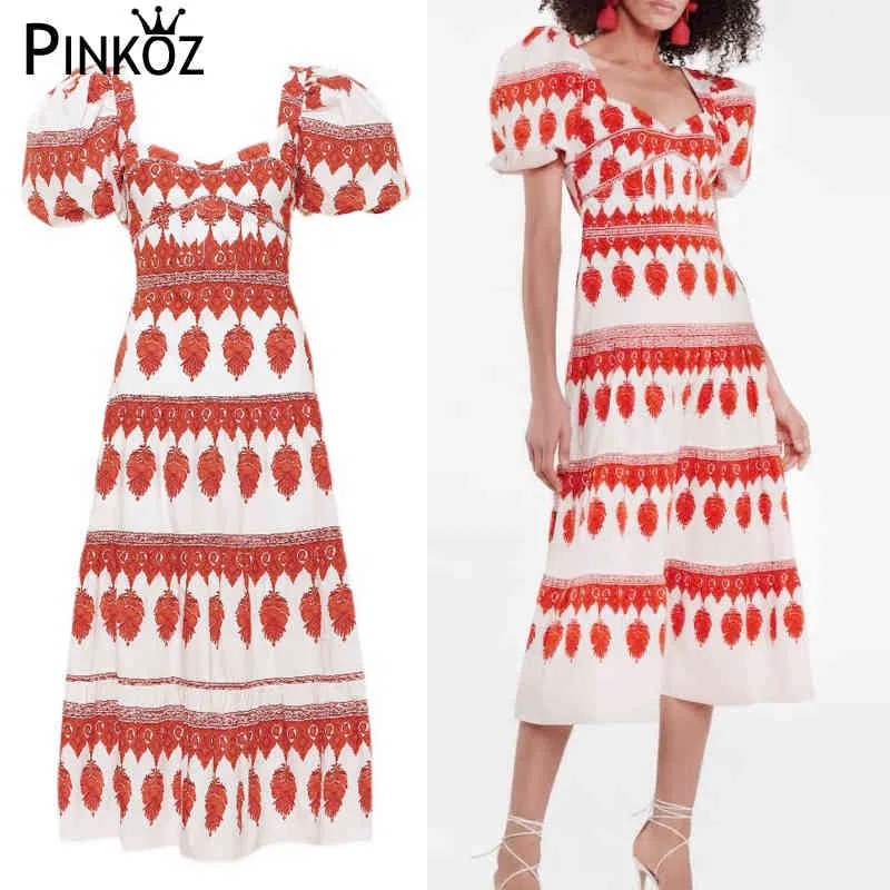 Runway Designer Rękaw Puff Red Tropical Printed Vintage Retro French Square Collar Summer Party Dinner Sukienka dla kobiet 210421