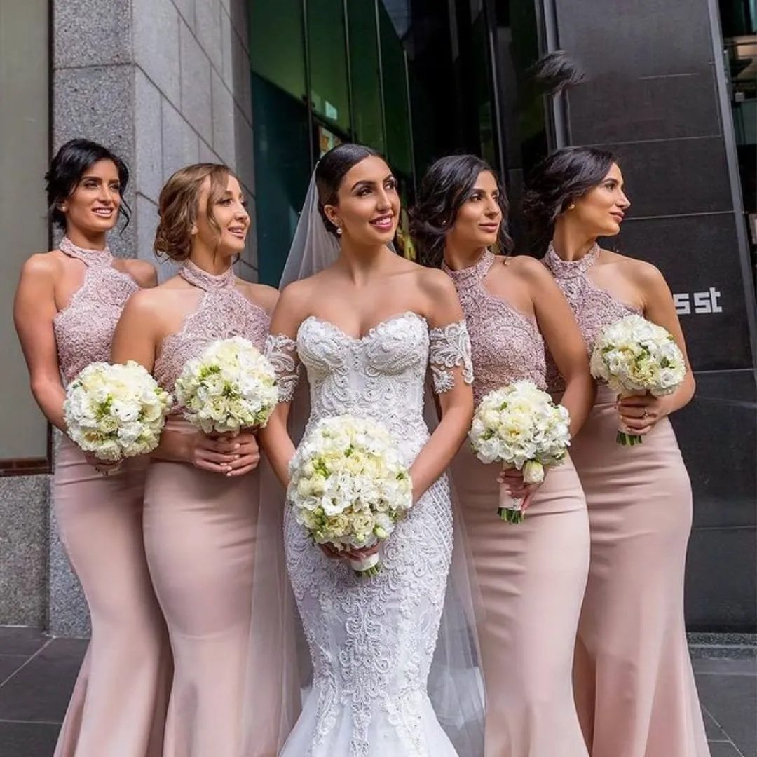 Blush Pink Mermaid Bridesmaid платья сексуальные Halter атласные аппликации горничная честь платья свадьбы вечерняя вечеринка гостей халаты