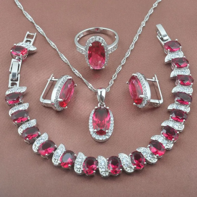 Ensemble de bijoux en cristal rouge pour femmes, boucles d'oreilles, collier, avec Bracelet, couleur argent, ensemble de bagues, pour mariage, 2021, YZ0170