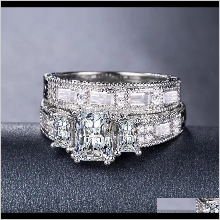 new arrival high quality vintage jewelry 925 sterling silver filled three stone princess cut white topaz sona women wedding bridal ring