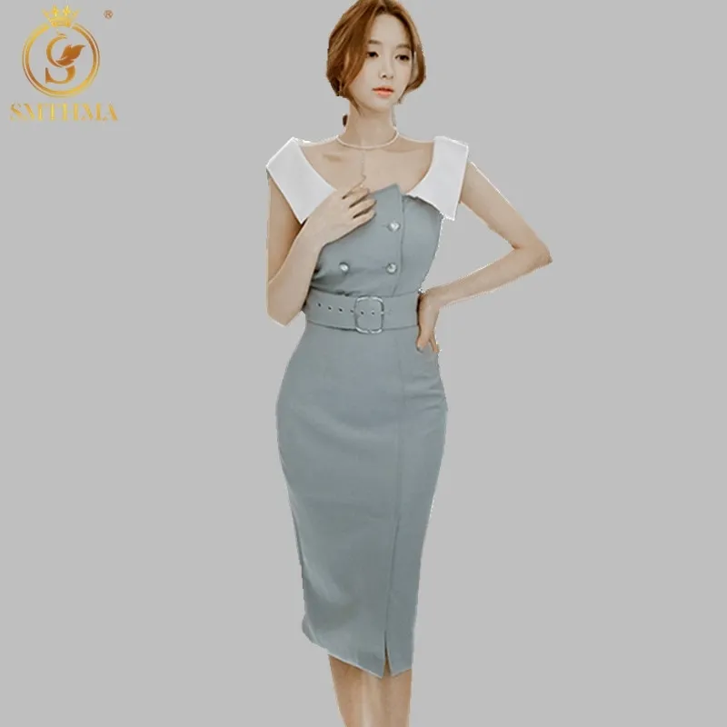 Hoge kwaliteit vrouwen sexy off shoulder korea jurken blauwe patchwork zomer jurk vestidos 210520