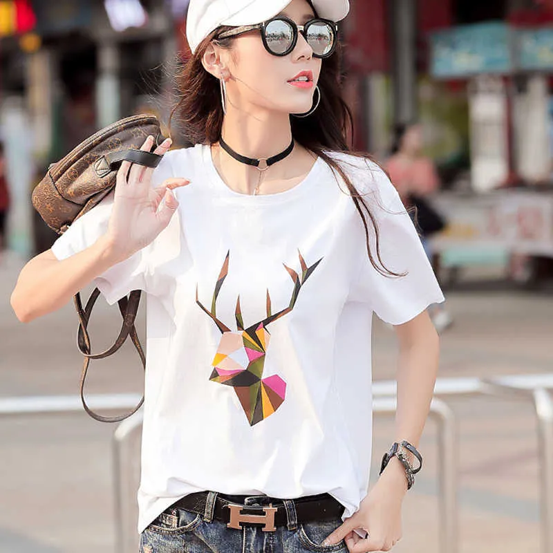 Shintimes Cartoon Print Cotton T Shirt Women White T- Korean Clothes Summer Short Sleeve Womens Tops Tee Femme 210615