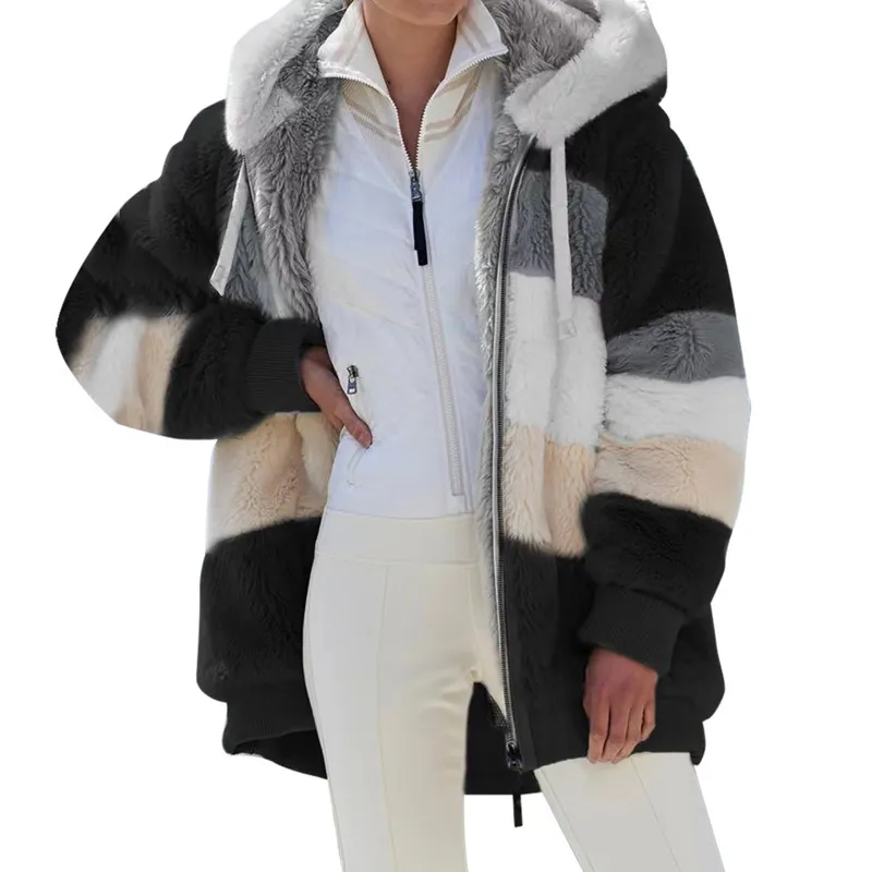 Lã mistura jaqueta mulheres casaco de inverno casual feminino feminino pelúcia patchwork zíper bolso encapuçado casacos soltos outerwear jaqueta feminina 210419