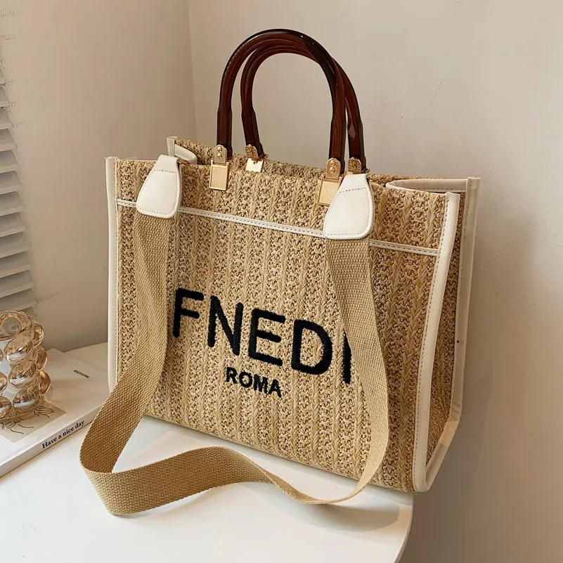 summer new straw large capacity hand letter wide shoulder strap Single Shoulder Messenger woven women's bag