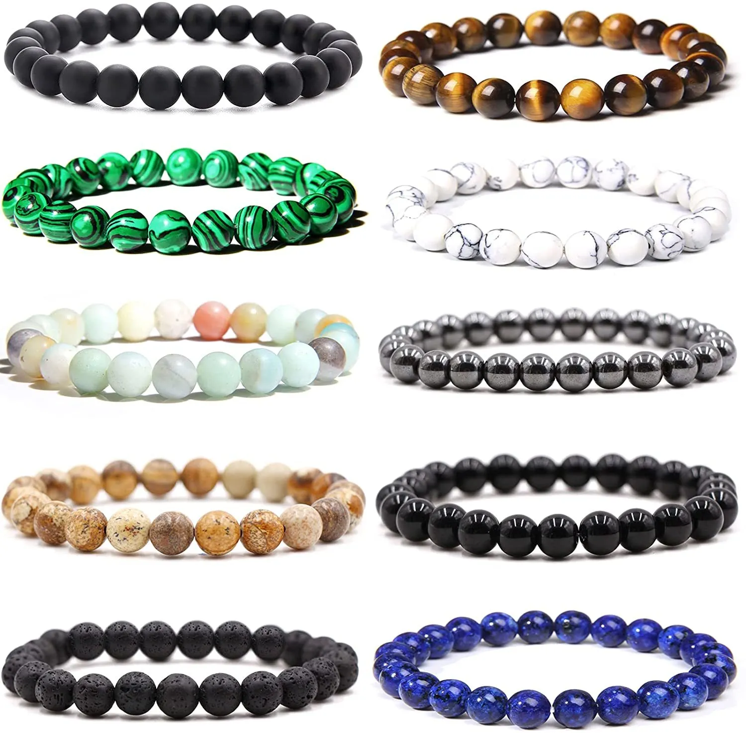 10PCS 8mm Gemstone Bracelet Set Healing Crystal Stretch Bracelets for Men Women Beaded Elastic Bracelets