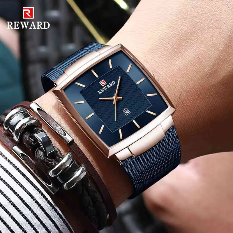 Recompensa Moda Blue Men's Watches New to top Luxury Marca Relógio Homens Negócios À Prova D 'Água Aço Inoxidável Quartz WristWatch 210407