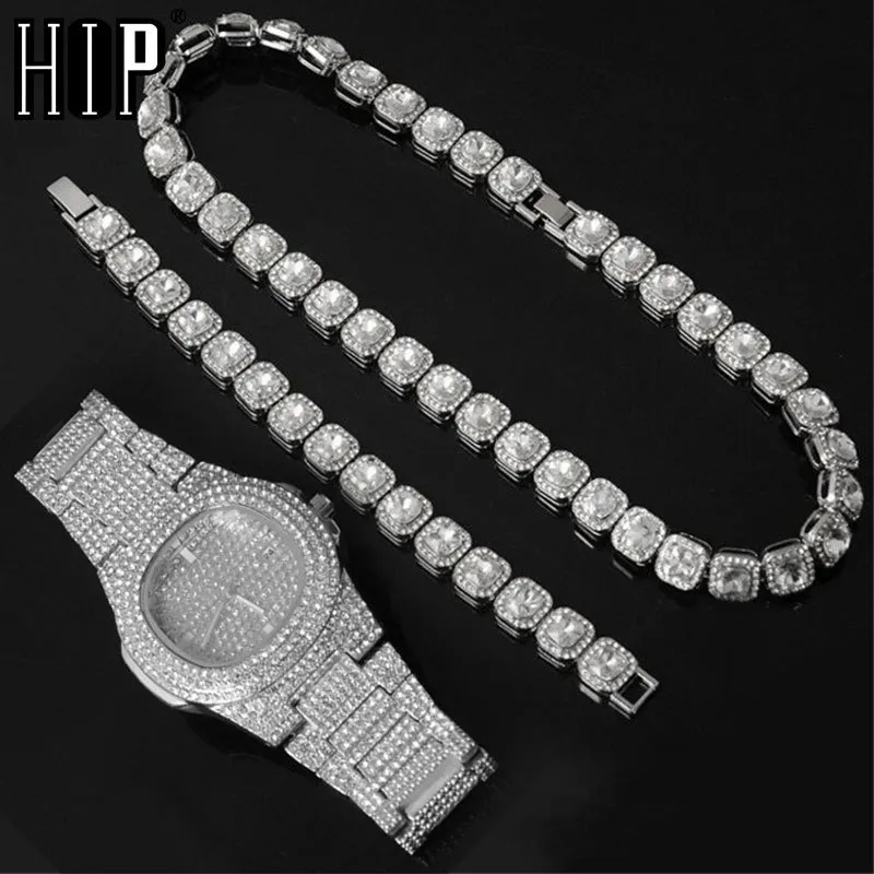 Hip 12mm Pradze Naszyjnik tenisowy + Zegarek Baguette + Bransoletka Hip Hop Chain Iced Out Dhinestones CZ Bling for Men Jewelry