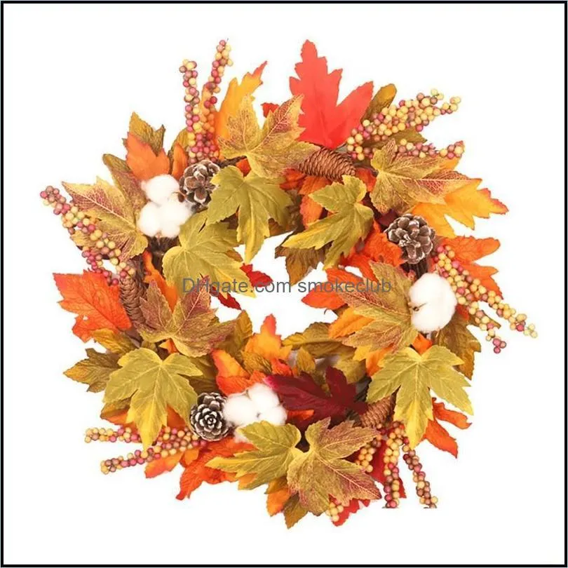 Decorative Flowers & Wreaths Fall Artificial Wreath With Grapevine Base, Real Pinecones, Faux Berries And Cotton For Front Door D