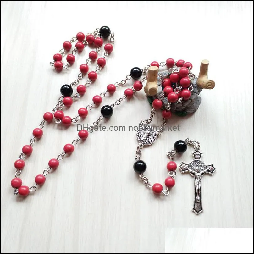 Catholic Cross Jewelry Red Stone Long Women Rosary Necklace