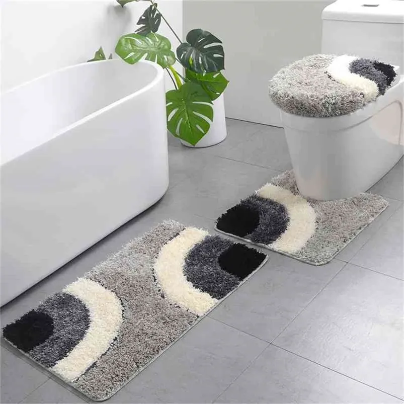 1 Set Bathroom Mat For Toilet European Grid Printing Shower Room Carpet Door Mat Anti-Slip Household Lid Cover Floor Rug Sets 210724