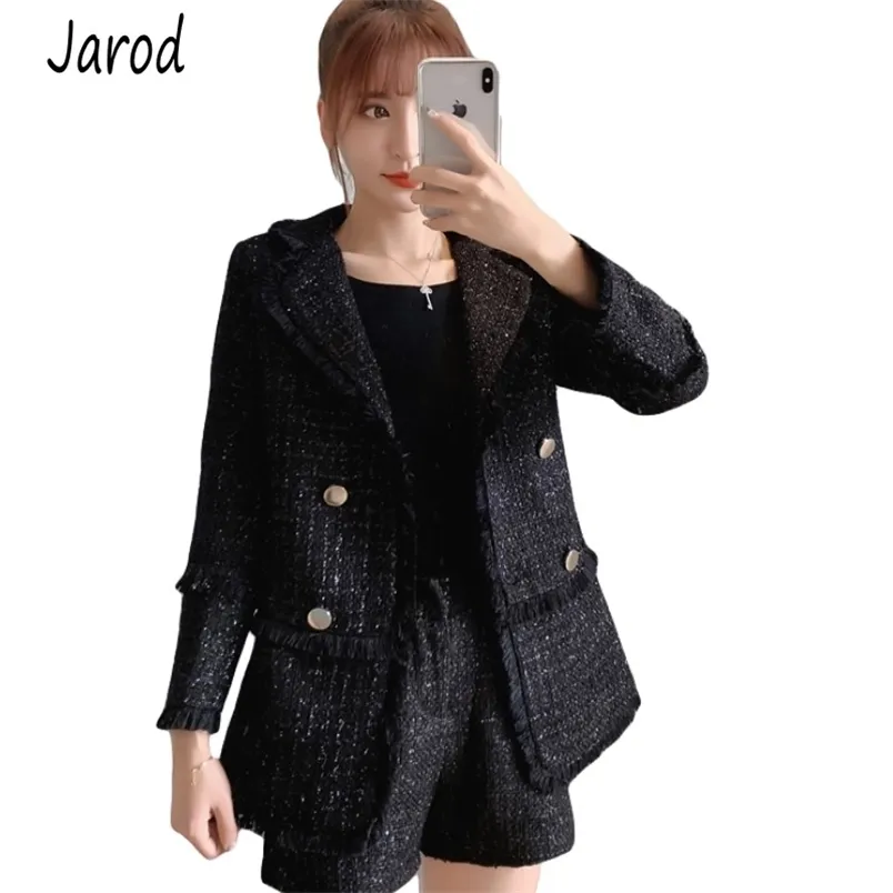 Outono inverno moda mulheres jaquetas casacos vintage escritório ol preto borla tweed jaqueta colheita casaco fêmea 210519